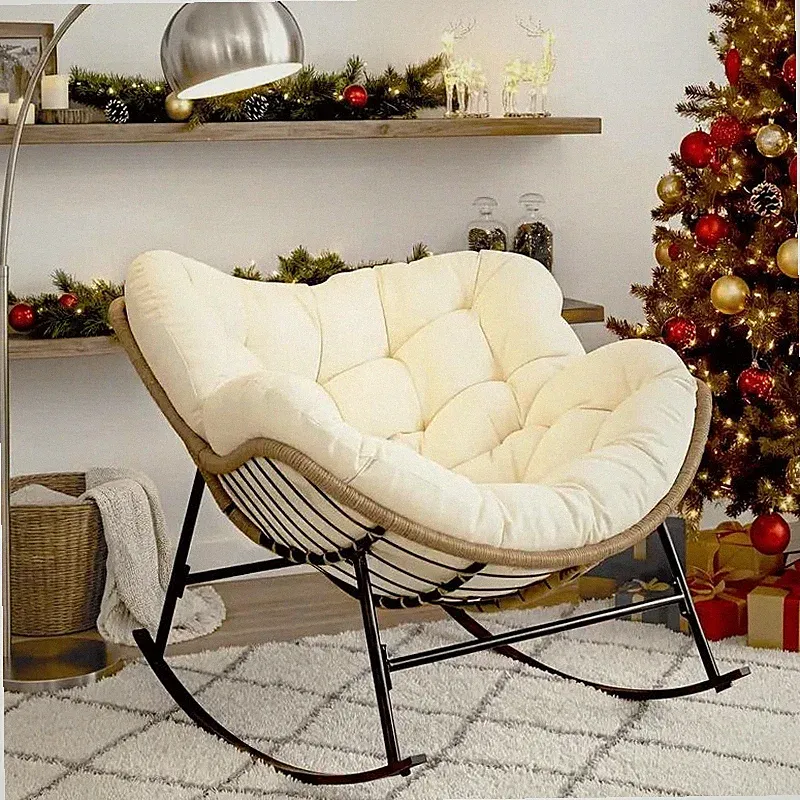 FINCATI Outdoor Indoor Papasan Rocking Recliner Chair, 450 lbs Capacity, Beige