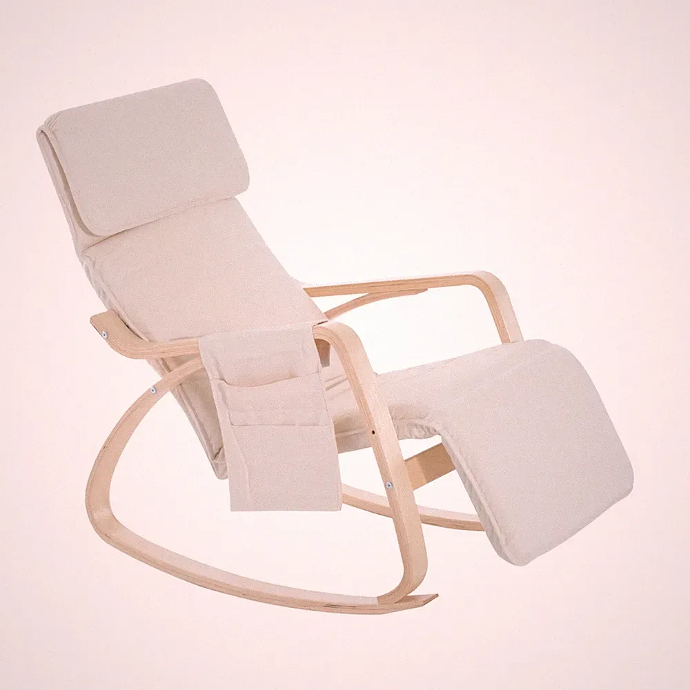 Rocking Chair Recliner Armchair Cream Birch Wood 67W x 110D x 91H cm Padded Seat