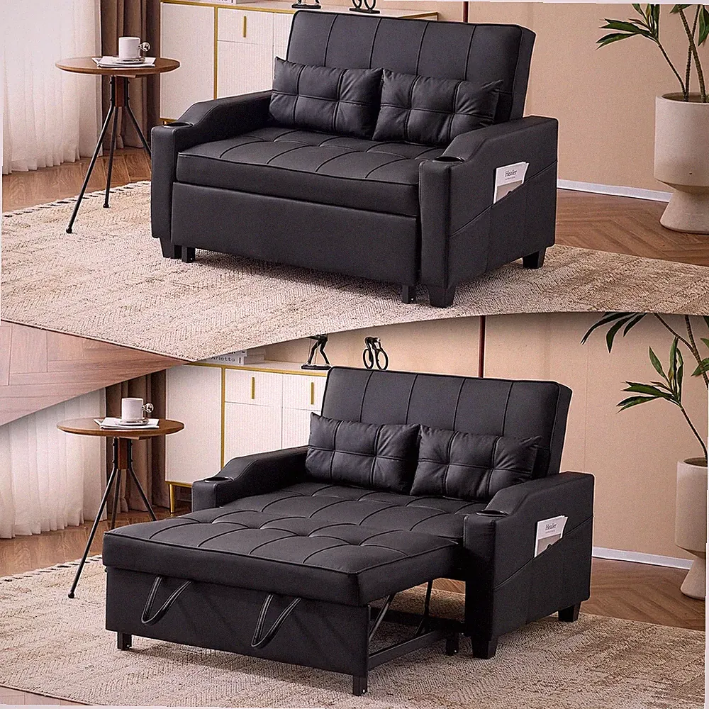 Stylish Black Faux Leather Sleeper Sofa with USB Ports & Cup Holders